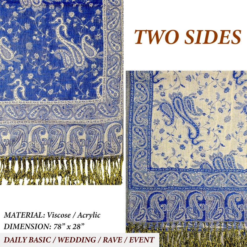 Achillea Soft Silky Reversible Paisley Pashmina Shawl Wrap Scarf w/Fringes (Royal Blue) - Image 5