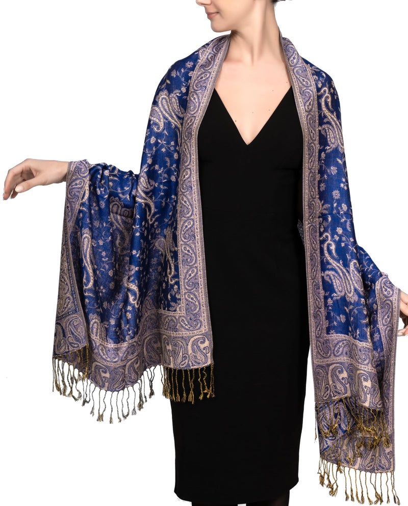 Achillea Soft Silky Reversible Paisley Pashmina Shawl Wrap Scarf w/Fringes (Royal Blue) - Image 3