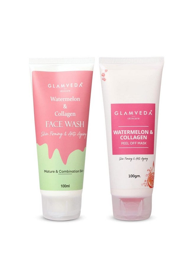 Glamveda Watermelon & Collagen Anti Ageing Combo Reduces Signs Of Ageing Skin Firmimg Clarifies Skin Gives Radiant Glow Face Wash & Peel Off Mask Combo - Image 1
