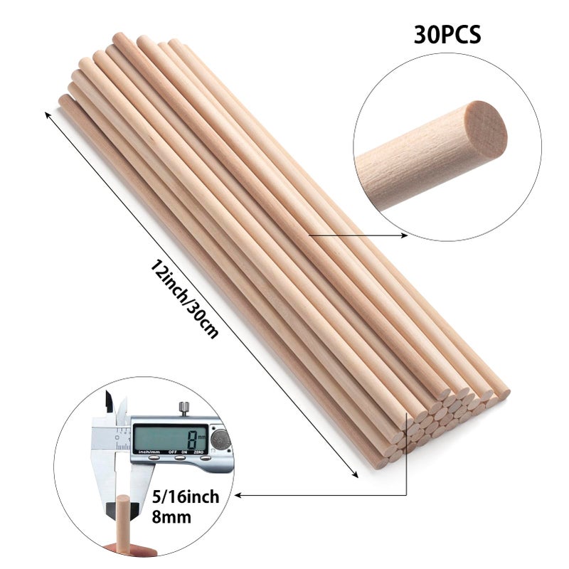 Coowayze Wooden Dowel Rods Wood Dowels for Crafts,30 PCS 5/16 x 12 Wooden Sticks for Crafts, Round Macrame Dowels, Unfinished Hard Wood Sticks for Crafting, Arts and DIYers, Crafting, Tiered Cake Support - Image 2