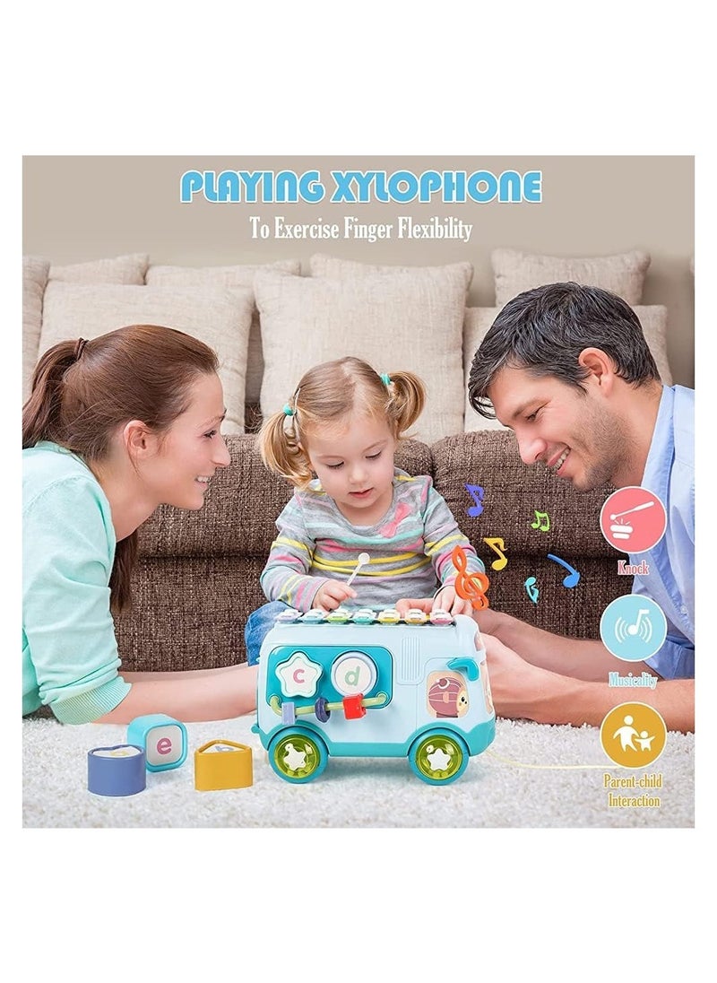 YelaJoy Intellectual School Bus Baby Toy, Xylophone Music Bus Toys Toddler, Push Pull Bus Toy Shape Sorter, Activity Bus Toy Early Education for Girls and Boys, Kids Birthday Favors (Blue)  - Image 5