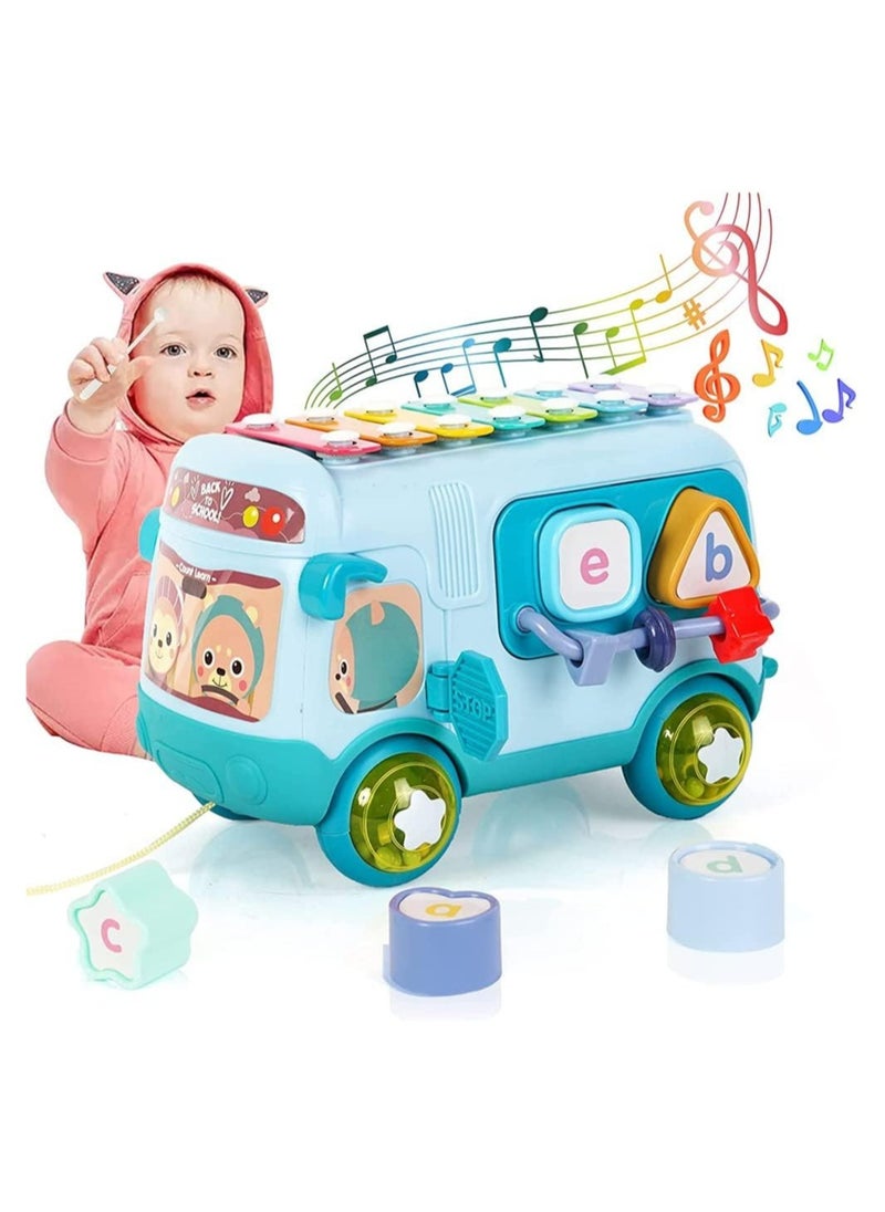 YelaJoy Intellectual School Bus Baby Toy, Xylophone Music Bus Toys Toddler, Push Pull Bus Toy Shape Sorter, Activity Bus Toy Early Education for Girls and Boys, Kids Birthday Favors (Blue)  - Image 1