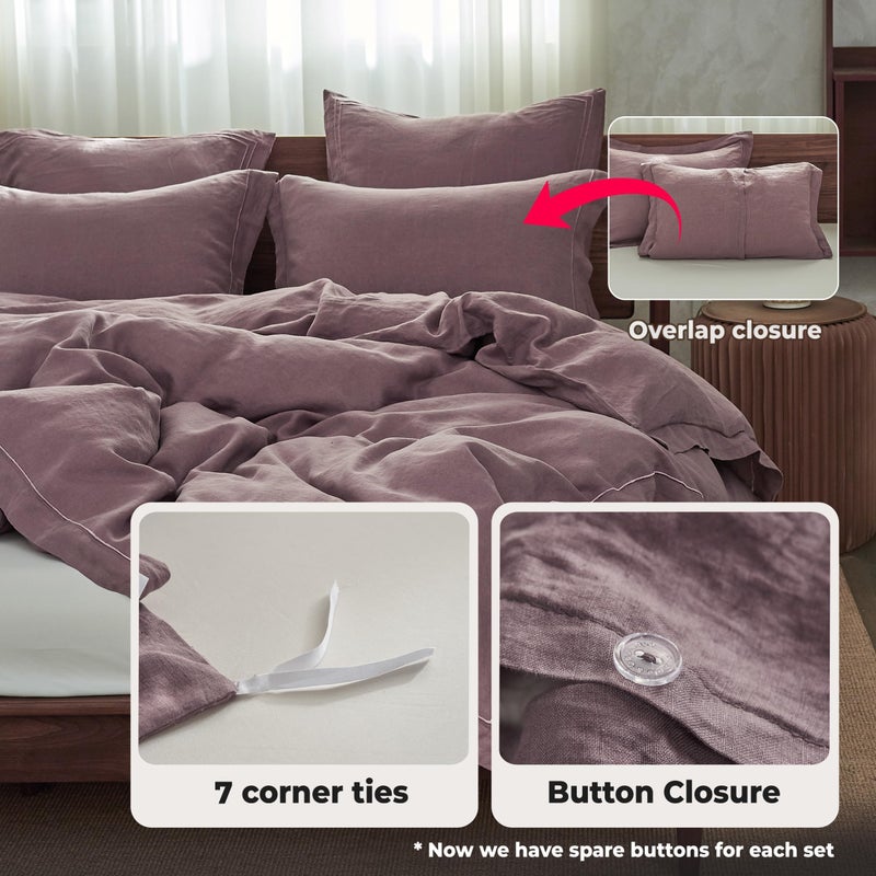 Simple&Opulence 100% Washed Linen Duvet Cover with Embroidered, 3 Pieces Soft Farmhouse Comforter Set with Button Closure,1 Duvet Cover and 2 Pillowshams(King,Purple) - Image 3