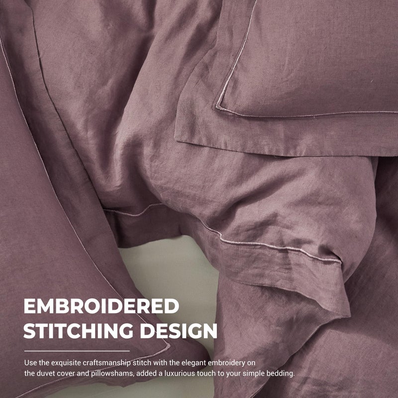 Simple&Opulence 100% Washed Linen Duvet Cover with Embroidered, 3 Pieces Soft Farmhouse Comforter Set with Button Closure,1 Duvet Cover and 2 Pillowshams(King,Purple) - Image 2