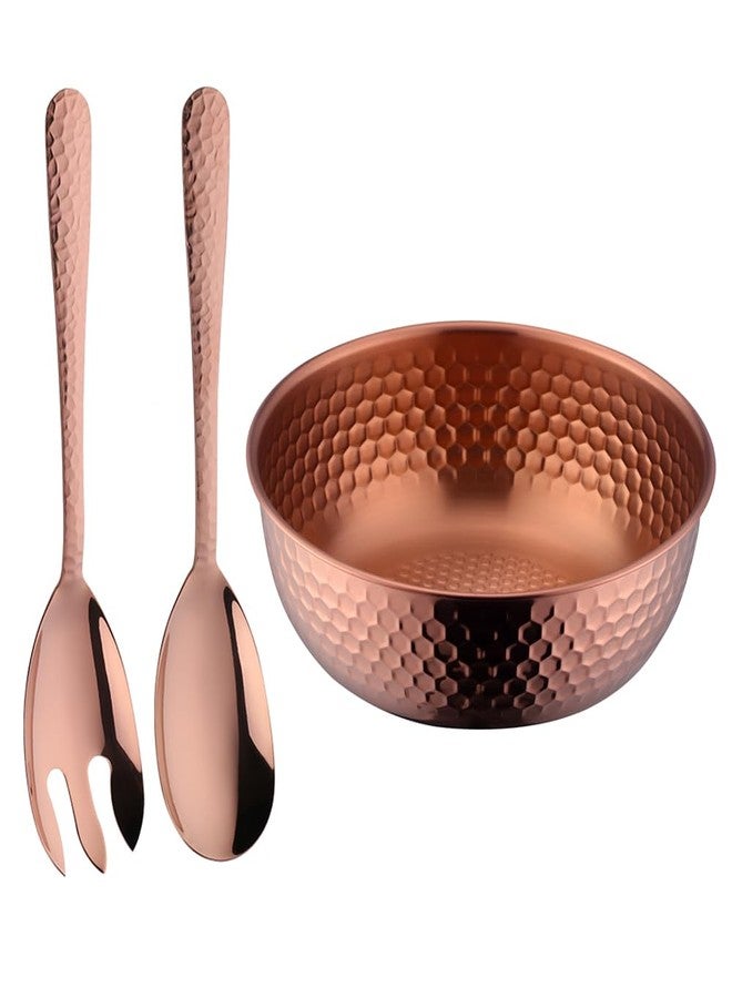 DOCBLACK Stainless Steel 80 oz Large Salad Bowl sets with Serving Utensils 12 Inch Salad Spoon and Fork Serving set, Fruit Salad Mixing Bowl Server set of 3, for Hosting Party Kitchen Essentials (Rose Gold) - Image 1
