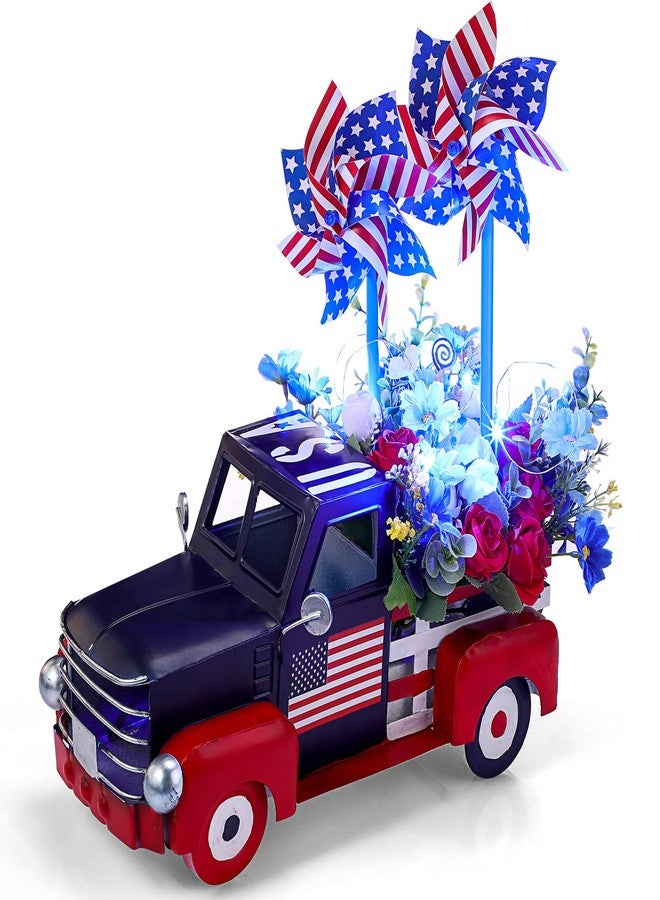 Canlierr Patriotic Vintage Pickup Truck Decor Veteran Flowerpot Car with Windmill Flowers String Lights Memorial Day Metal Farmhouse Truck 4th of July Decorations Independence Day Gifts - Image 1