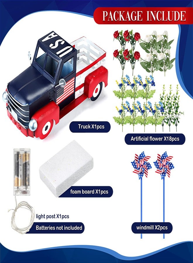 Canlierr Patriotic Vintage Pickup Truck Decor Veteran Flowerpot Car with Windmill Flowers String Lights Memorial Day Metal Farmhouse Truck 4th of July Decorations Independence Day Gifts - Image 2