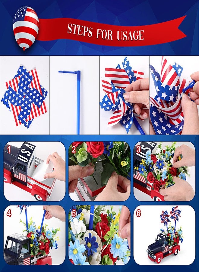 Canlierr Patriotic Vintage Pickup Truck Decor Veteran Flowerpot Car with Windmill Flowers String Lights Memorial Day Metal Farmhouse Truck 4th of July Decorations Independence Day Gifts - Image 5