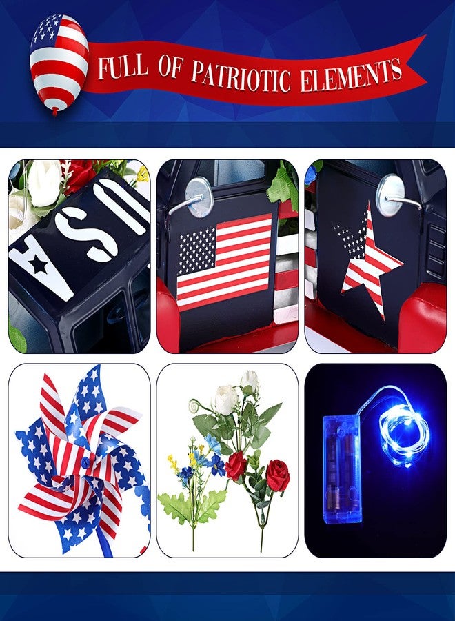 Canlierr Patriotic Vintage Pickup Truck Decor Veteran Flowerpot Car with Windmill Flowers String Lights Memorial Day Metal Farmhouse Truck 4th of July Decorations Independence Day Gifts - Image 4
