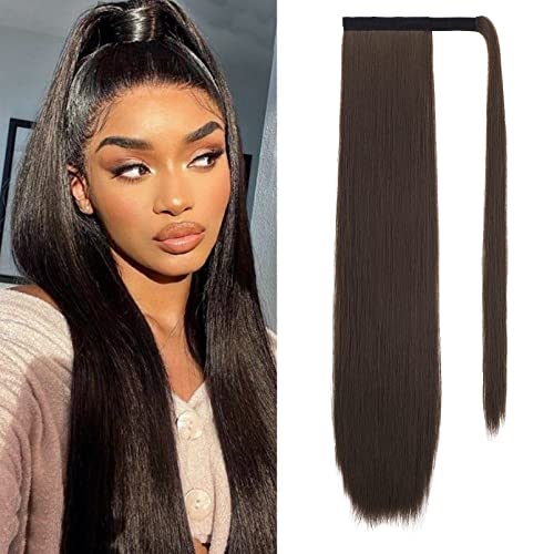 SEIKEA Clip in Ponytail Extension Wrap Around Straight Hair for Women 28 Dark Chocolate Brown