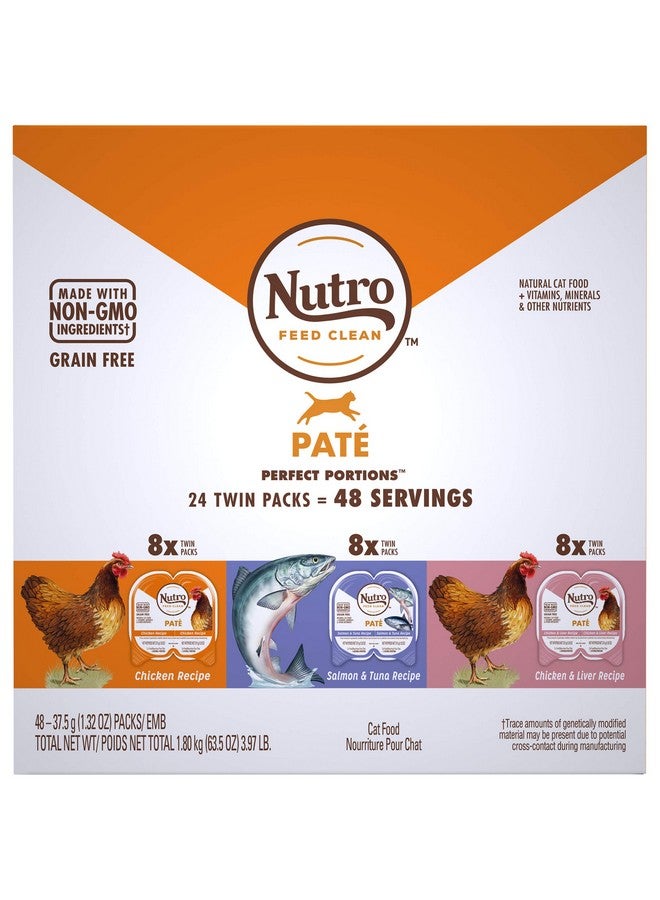 نوترو طعام قطط طبيعي رطب خالٍ من الحبوب، وصفة باتيه الدجاج، وصفة السلمون والتونة، وصفة الدجاج والكبد، عبوة متنوعة، 2.64 أونصة، صينية Perfect Portions مزدوجة، عبوة من 24 قطعة - Image 1