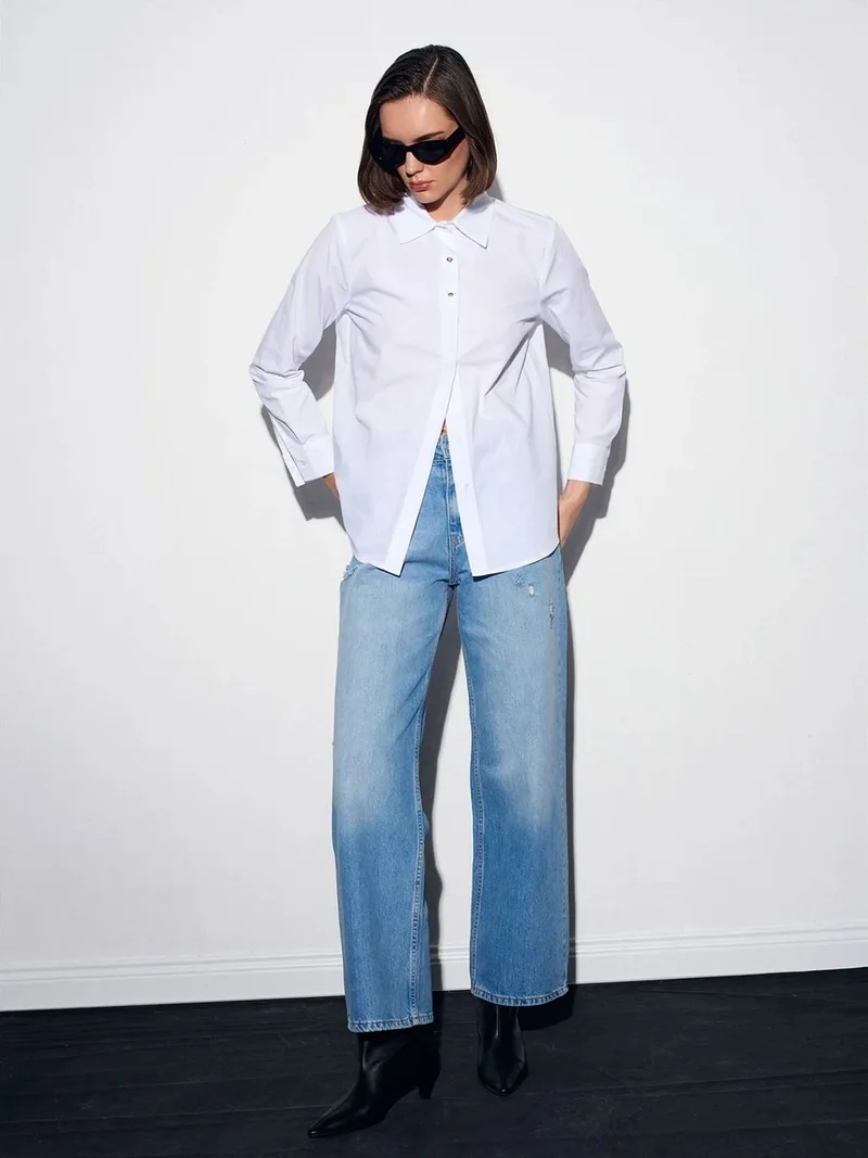 ديلفين DILVIN Women’s Cotton Poplin Button-Front Shirt