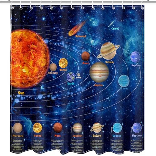 Mocsicka Galactic Outer Space Shower Curtain Boys Nebula Universe Planet Bath Curtain Science Theme Waterproof Bathroom Accessories Decor with 12 Hooks - Image 1