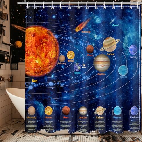 Mocsicka Galactic Outer Space Shower Curtain Boys Nebula Universe Planet Bath Curtain Science Theme Waterproof Bathroom Accessories Decor with 12 Hooks - Image 5