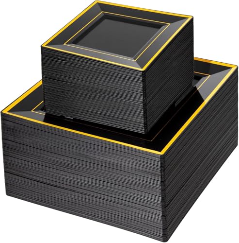 Liacere 100PCS Black and Gold Square Plastic Plates-50PCS Dinner Plate and 50PCS Dessert Plate-Durable Fancy Disposable Plates for Party & Graduation - Image 1