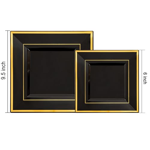 Liacere 100PCS Black and Gold Square Plastic Plates-50PCS Dinner Plate and 50PCS Dessert Plate-Durable Fancy Disposable Plates for Party & Graduation - Image 2