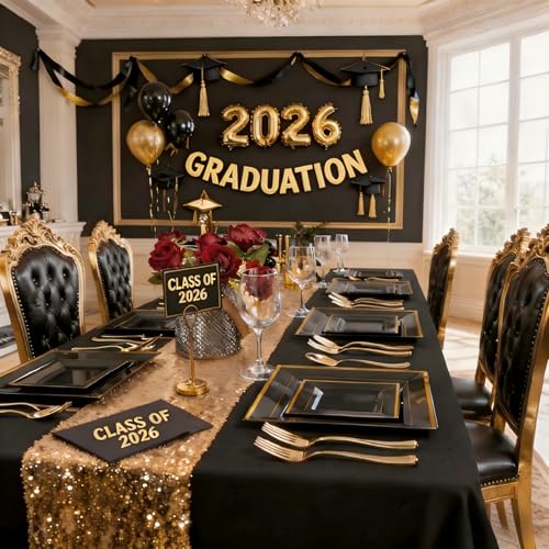 Liacere 100PCS Black and Gold Square Plastic Plates-50PCS Dinner Plate and 50PCS Dessert Plate-Durable Fancy Disposable Plates for Party & Graduation - Image 3