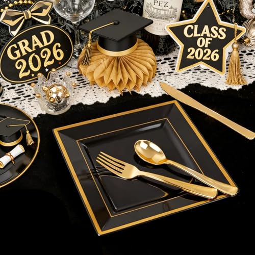 Liacere 100PCS Black and Gold Square Plastic Plates-50PCS Dinner Plate and 50PCS Dessert Plate-Durable Fancy Disposable Plates for Party & Graduation - Image 4