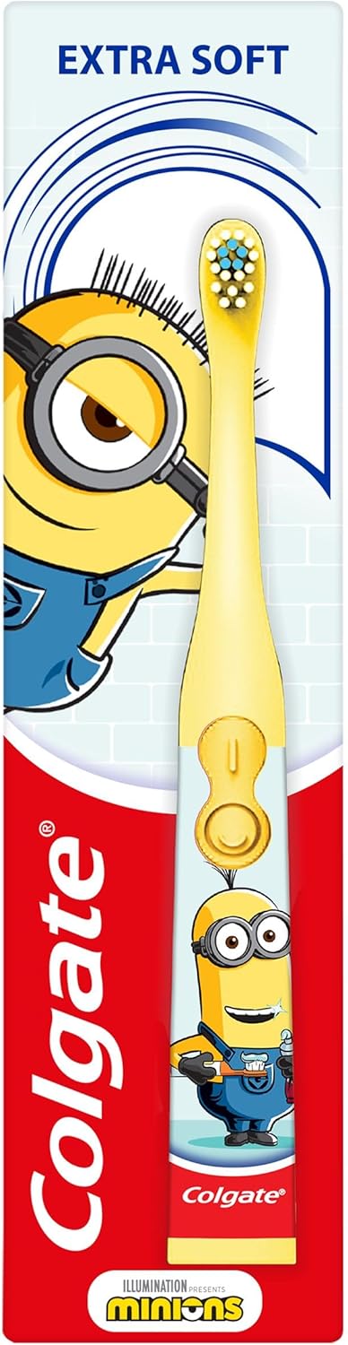 Colgate Minions Kids Toothbrush BatteryPowered Toothbrush for Kids with Extra Soft Bristles Yellow Toothbrush for Ages 3 and Up Includes 1 AA Battery 1 Pack - Image 1