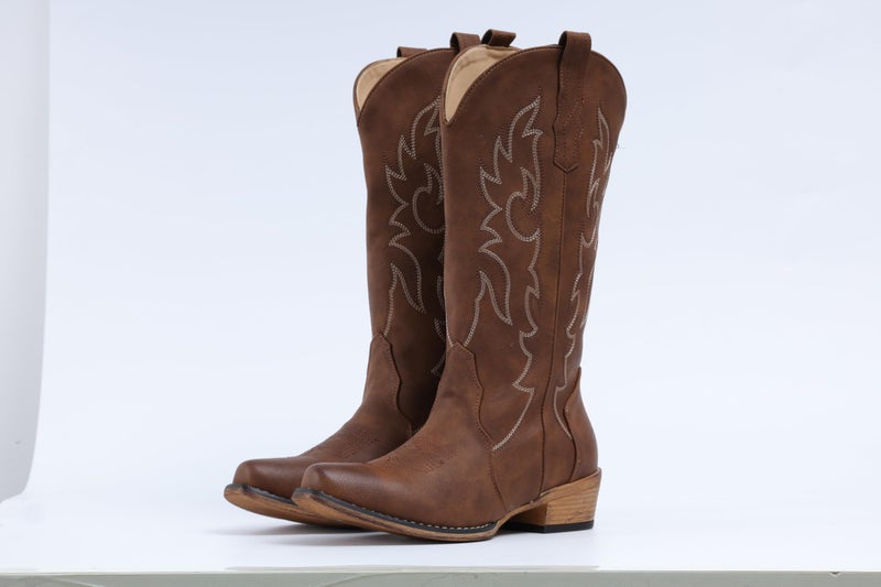 IUV Cowboy Boots for Women Mid Calf Fashion Cowgirl Boots with Embroidery Western Snip Toe Boot - Image 5