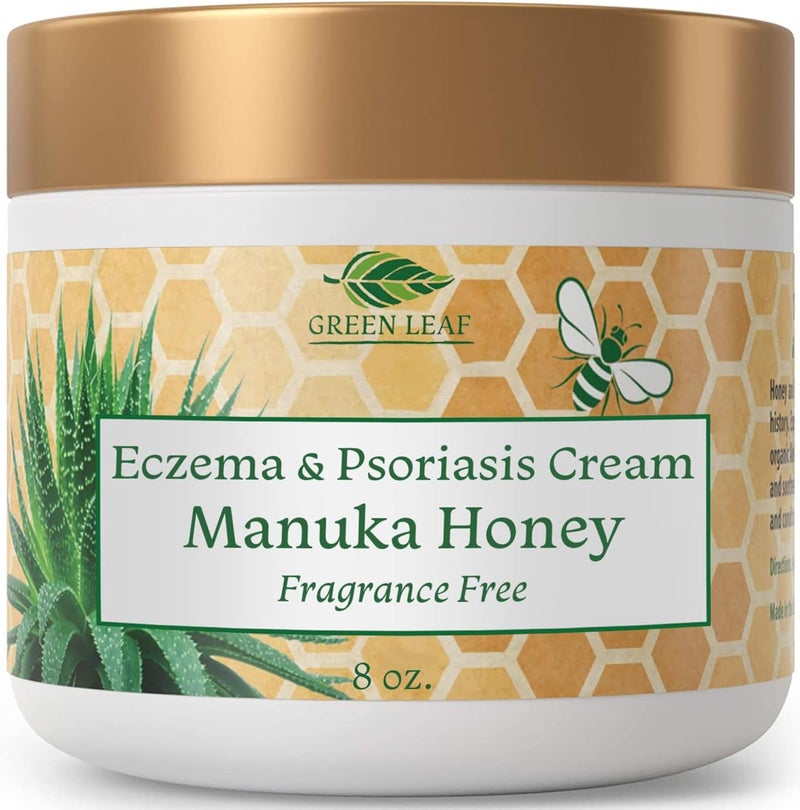 Green Leaf Naturals Manuka Honey Eczema Cream Moisturizing Lotion Fragrance Free For Psoriasis Relief - Itchy, Dry Skin Rash Ointment - Skin Soothing Moisturizer - Body & Face Cream - Kids & Adults 8oz