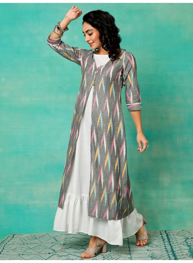 AKS Grey & White Ikkat Handloom Design Layered Maxi Dress  - Image 5
