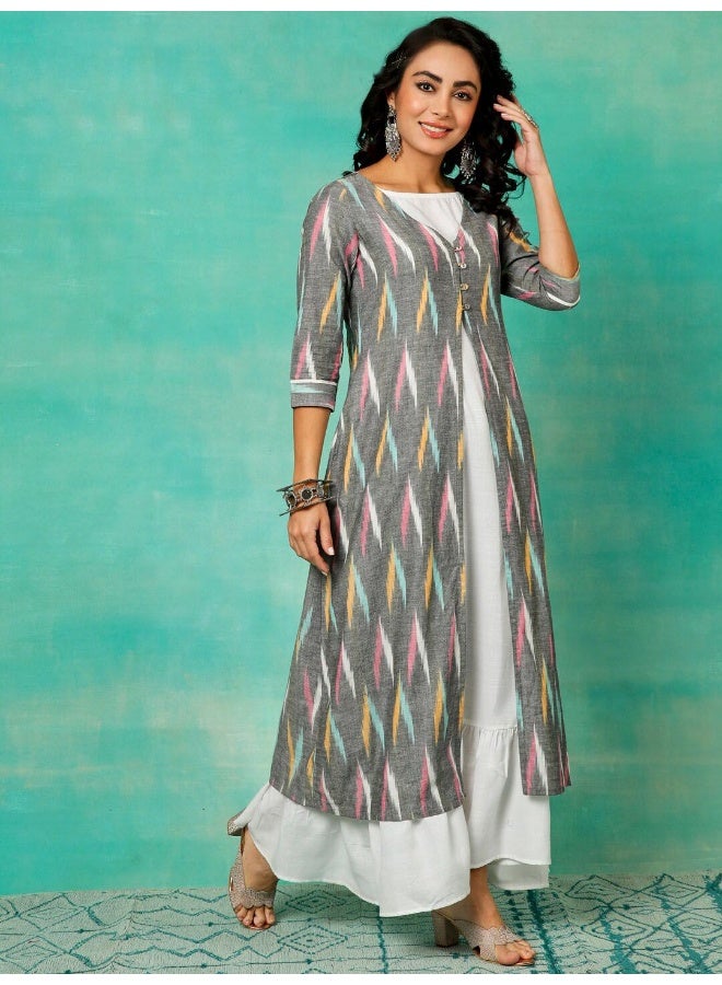 AKS Grey & White Ikkat Handloom Design Layered Maxi Dress  - Image 3