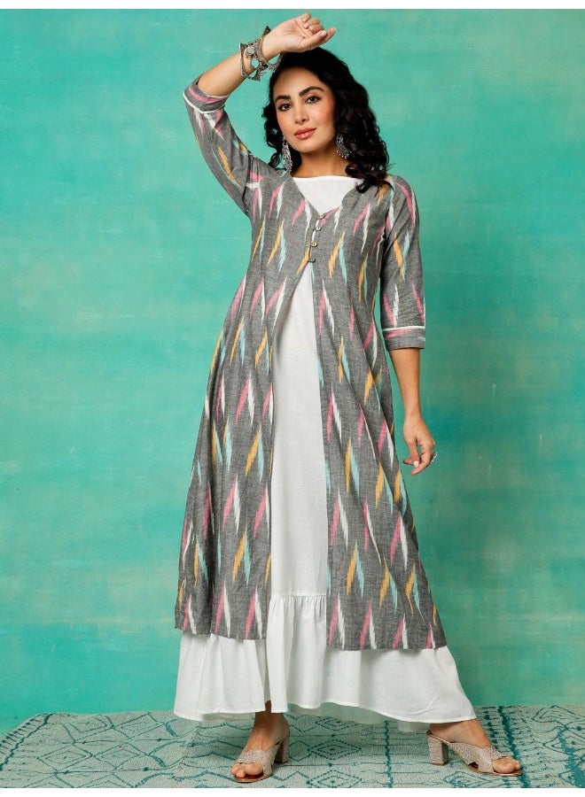 AKS Grey & White Ikkat Handloom Design Layered Maxi Dress  - Image 1