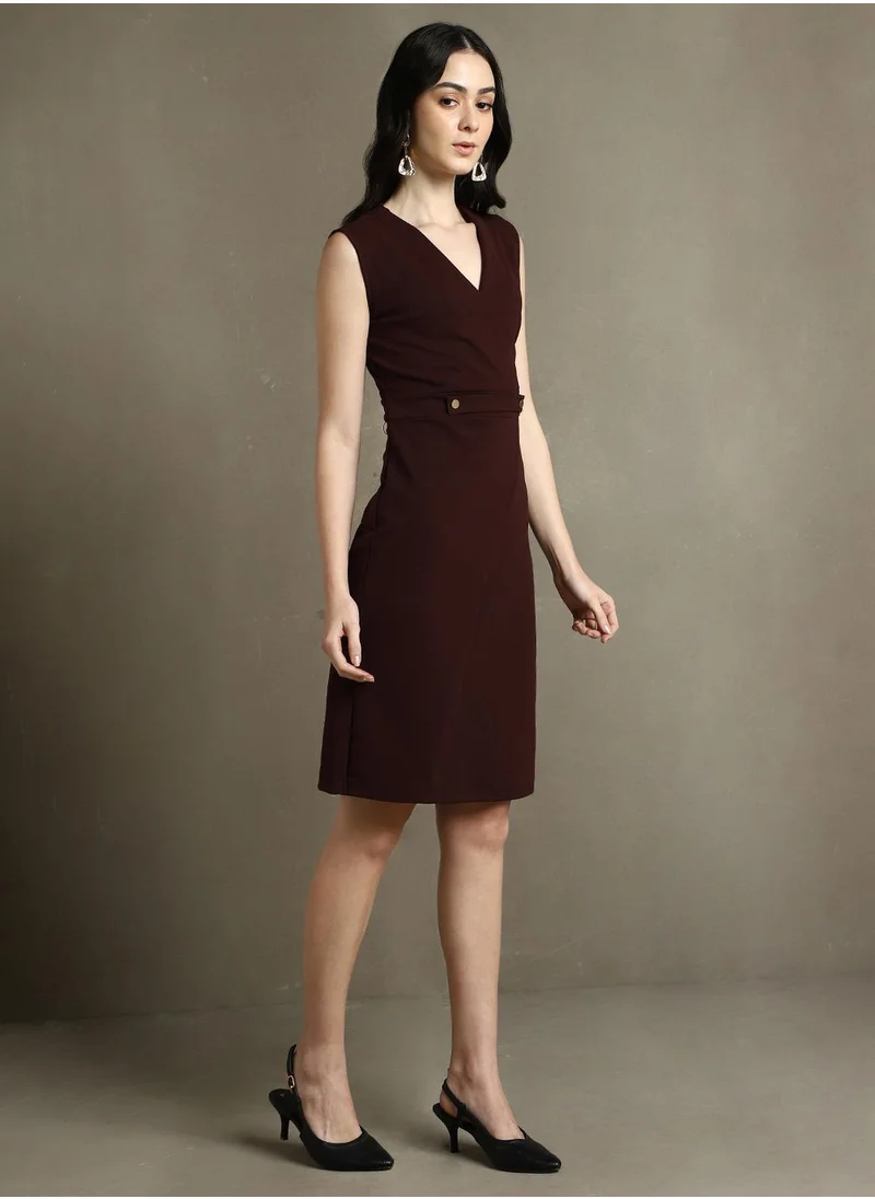 دينيس لينغو Women's Wine 100% Polyester Solid Regular Fit Dress