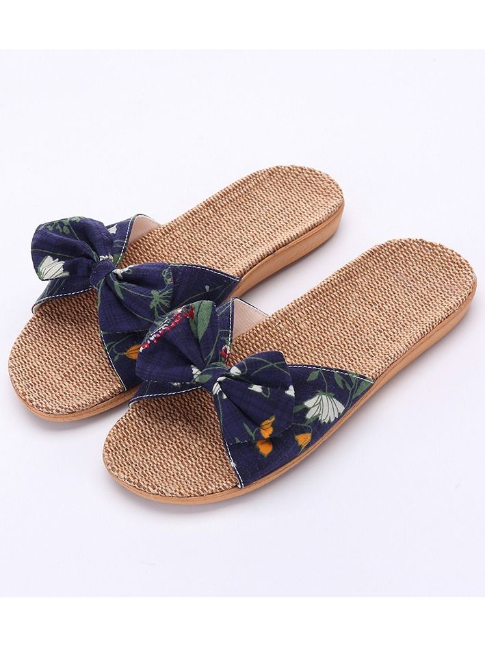 Loquat Bowknet Printed Flax Flat Slippers Indoor Non Slip Linen Slippers Open Toe Peacock Blue Mix 