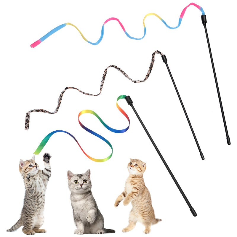 Amaxiu Cat Wand Toy Set, Interactive Cat Wand Toy with Rainbow Ribbon String, Rainbow Cloth String, Leopard Print Cloth String for Small Cats Kittens Indoor Training Catcher (3 Packs) - Image 1