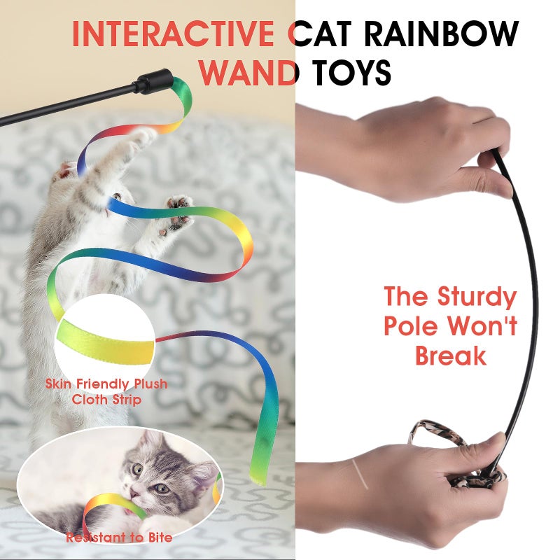 Amaxiu Cat Wand Toy Set, Interactive Cat Wand Toy with Rainbow Ribbon String, Rainbow Cloth String, Leopard Print Cloth String for Small Cats Kittens Indoor Training Catcher (3 Packs) - Image 3