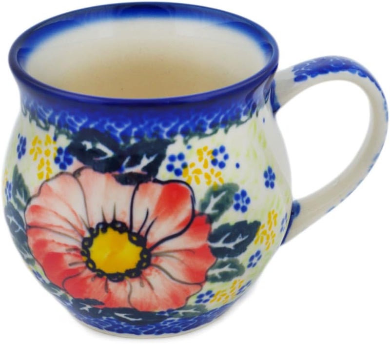 Polmedia Polish Pottery Authentic Polish Pottery Bubble Mug 13 oz in Red Daisy Delight Design Handmade in Bolesawiec Poland by Ceramika Nina  Certificate of Authenticity - Image 2
