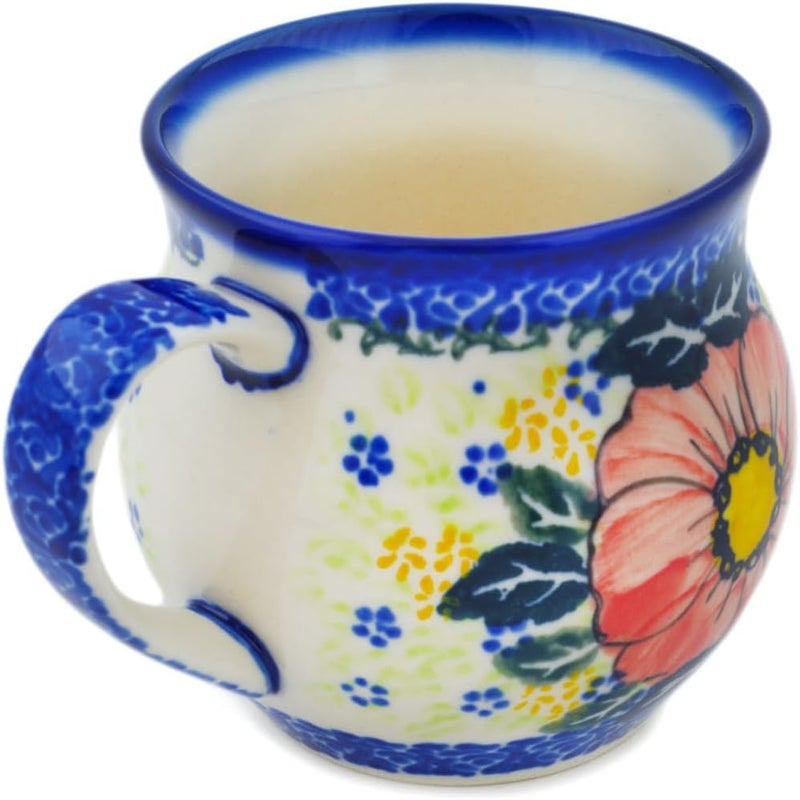 Polmedia Polish Pottery Authentic Polish Pottery Bubble Mug 13 oz in Red Daisy Delight Design Handmade in Bolesawiec Poland by Ceramika Nina  Certificate of Authenticity - Image 3