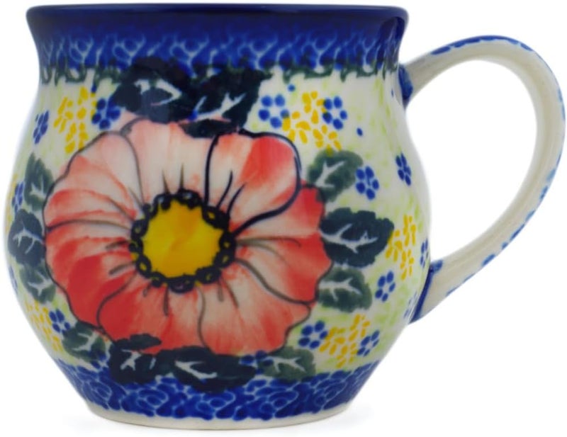 Polmedia Polish Pottery Authentic Polish Pottery Bubble Mug 13 oz in Red Daisy Delight Design Handmade in Bolesawiec Poland by Ceramika Nina  Certificate of Authenticity - Image 1