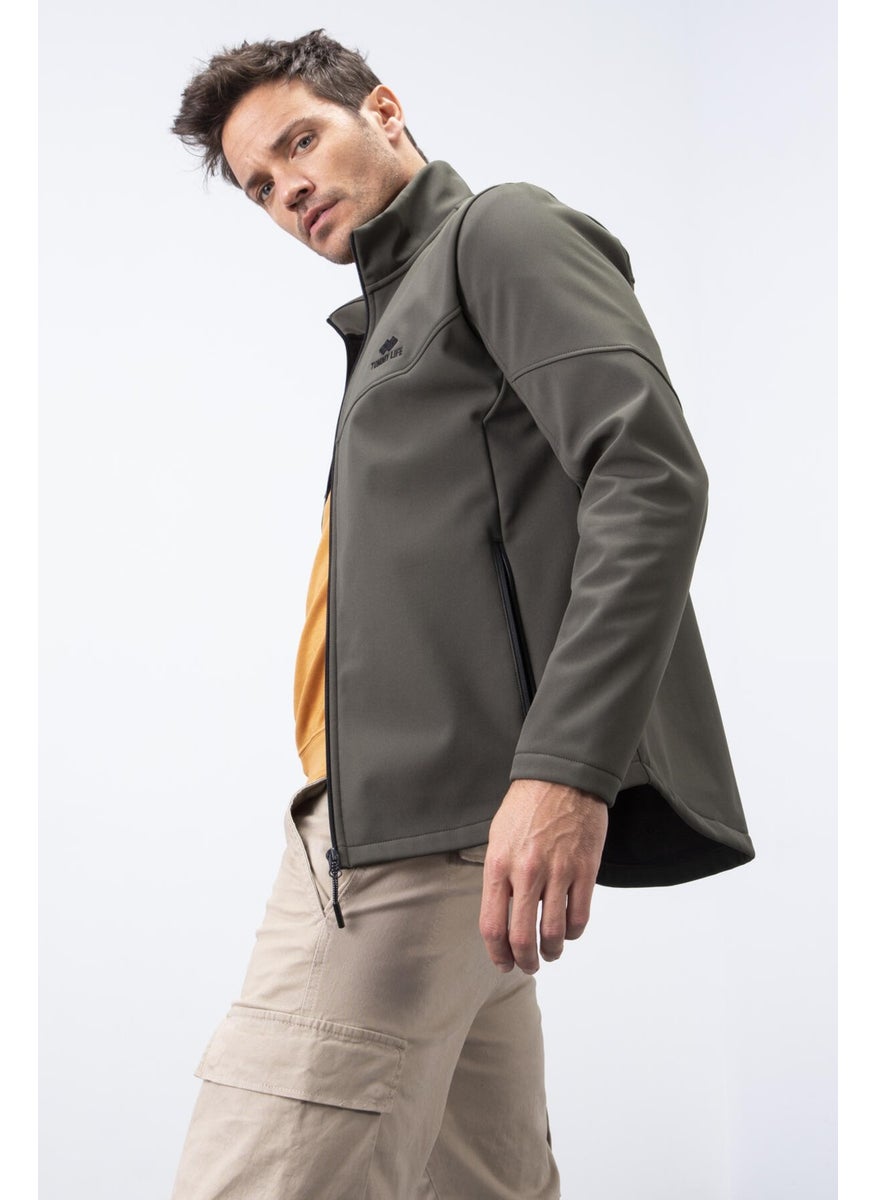 Tommy Life Tommylife Khaki Men's Zippered Stand Collar Water and Windproof Softshell Jacket - 88050  - Image 5