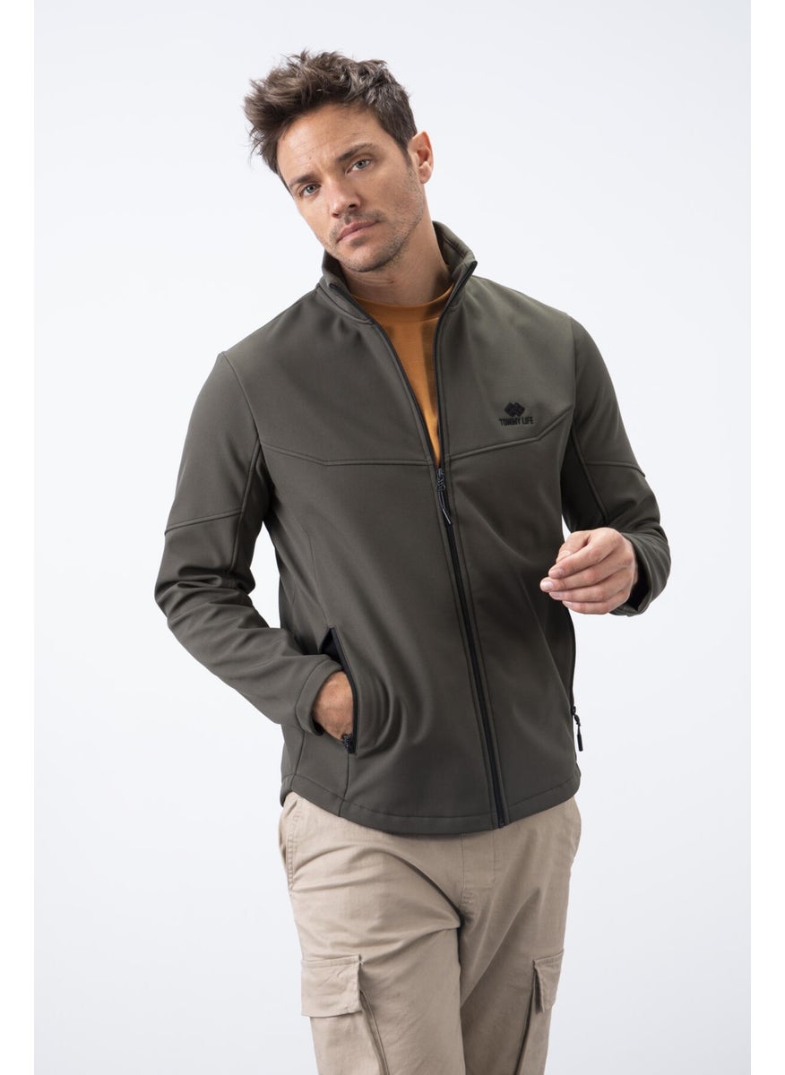 Tommy Life Tommylife Khaki Men's Zippered Stand Collar Water and Windproof Softshell Jacket - 88050  - Image 1