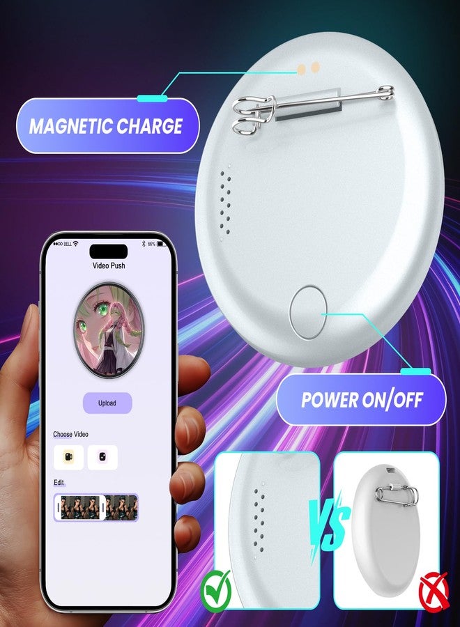 MOSA BEAR Digital Pixel Badge - Electronic Fun IPS Screen Badge for Photo/GIF/Video Display, Cyberpunk Anime Toy Button, Protective Case & Hook, Perfect Cosplay，Concert Gift for Anime，Football Fans (White) - Image 3