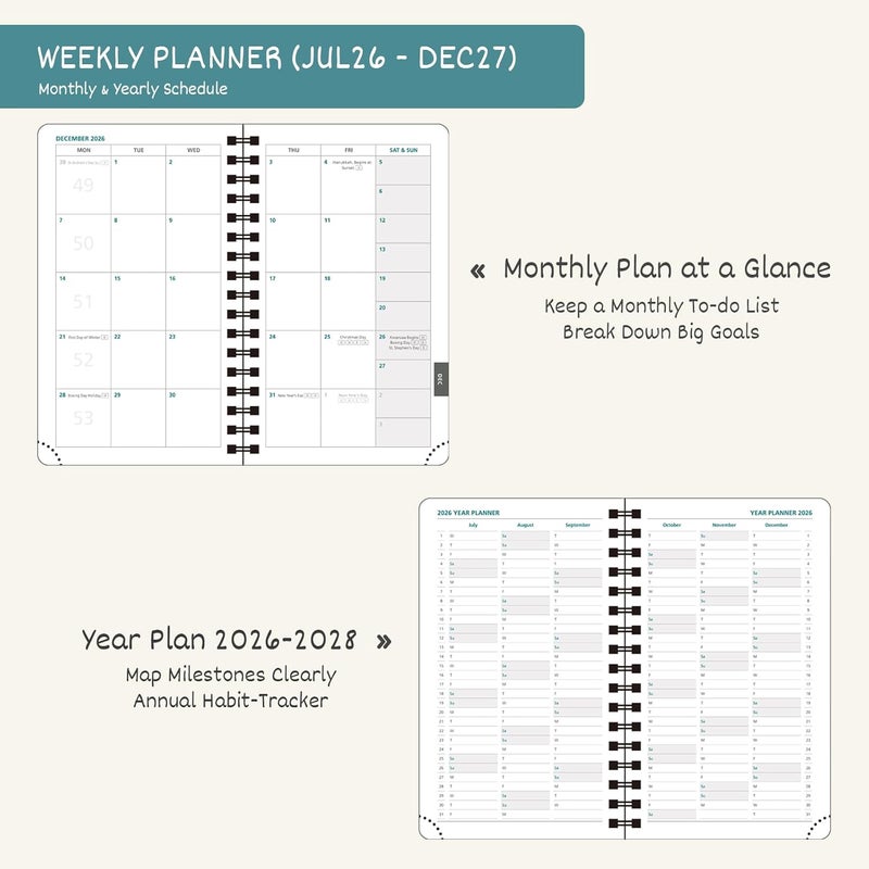 BEZEND Pocket Diary 2026-2027 Week to View Academic Year 18 Month (Jul'26 - Dec'27), Spiral Bound A6 15.5 x 9 cm Small Weekly Planner with Pen Holder & PU Leather Softcover, Dark Green - Image 3
