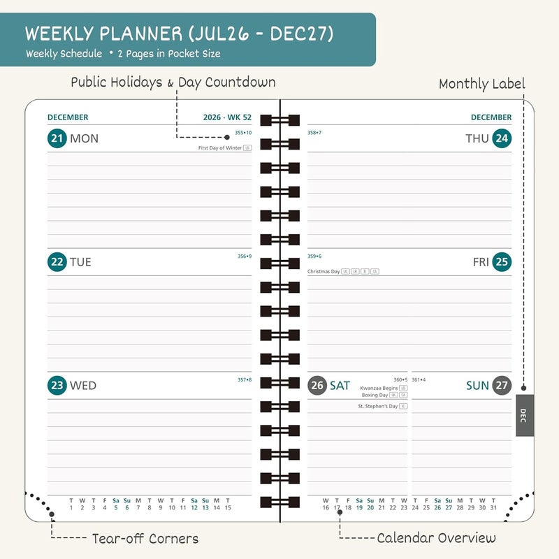 BEZEND Pocket Diary 2026-2027 Week to View Academic Year 18 Month (Jul'26 - Dec'27), Spiral Bound A6 15.5 x 9 cm Small Weekly Planner with Pen Holder & PU Leather Softcover, Dark Green - Image 2