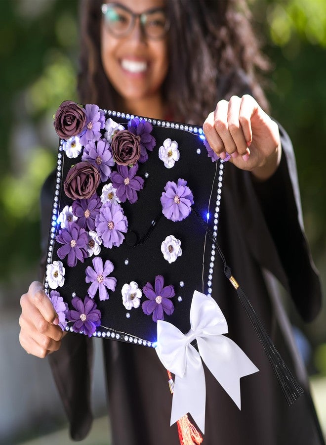Solsew 50 Pcs DIY Graduation Cap with Lights Decoration Kit Include Artificial Flower String Light Ribbon Bow Pearl Sticker for DIY Cap 2026 Graduation Party(Blue Light, Purple Flower) - Image 5