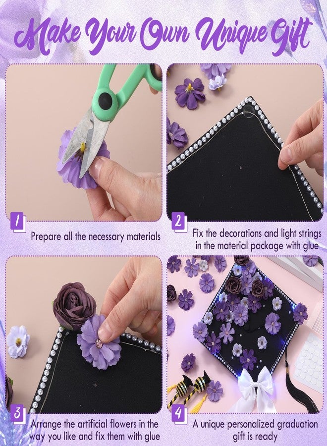 Solsew 50 Pcs DIY Graduation Cap with Lights Decoration Kit Include Artificial Flower String Light Ribbon Bow Pearl Sticker for DIY Cap 2026 Graduation Party(Blue Light, Purple Flower) - Image 3