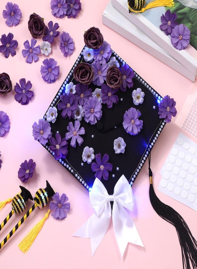 Solsew 50 Pcs DIY Graduation Cap with Lights Decoration Kit Include Artificial Flower String Light Ribbon Bow Pearl Sticker for DIY Cap 2026 Graduation Party(Blue Light, Purple Flower) - Image 4