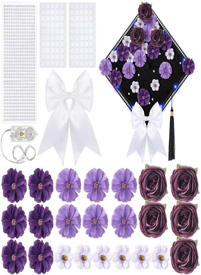 Solsew 50 Pcs DIY Graduation Cap with Lights Decoration Kit Include Artificial Flower String Light Ribbon Bow Pearl Sticker for DIY Cap 2026 Graduation Party(Blue Light, Purple Flower) - Image 1