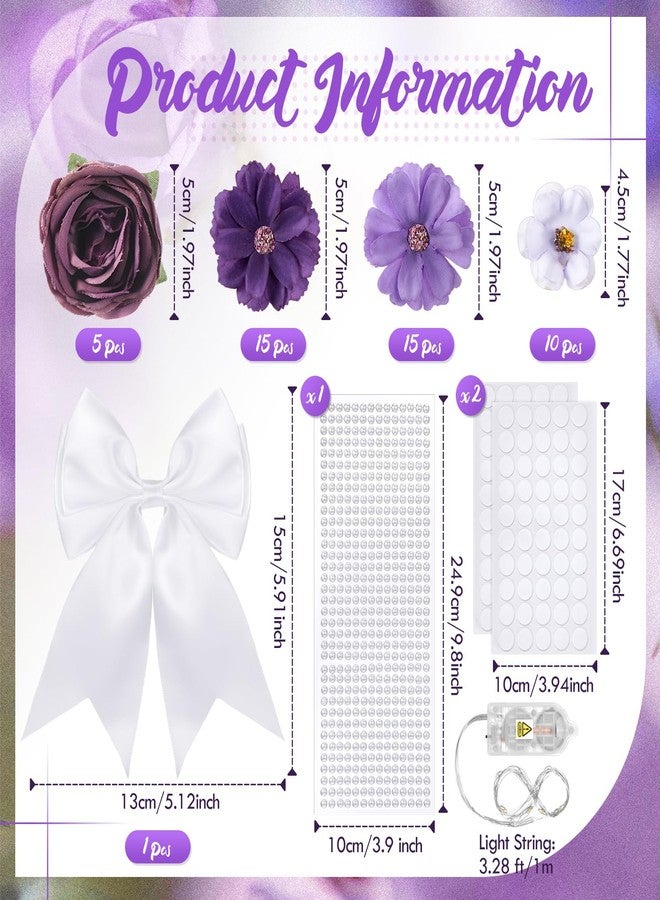 Solsew 50 Pcs DIY Graduation Cap with Lights Decoration Kit Include Artificial Flower String Light Ribbon Bow Pearl Sticker for DIY Cap 2026 Graduation Party(Blue Light, Purple Flower) - Image 2