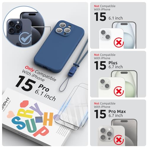 SURPHY Designed for iPhone 15 Pro Case with Screen Protector and Lanyard Phone Strap and Liquid Silicone Phone Case Camera Protective Soft Microfiber Lining 61 inch 2023 Blue Jay - Image 3