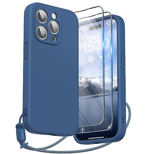 SURPHY Designed for iPhone 15 Pro Case with Screen Protector and Lanyard Phone Strap and Liquid Silicone Phone Case Camera Protective Soft Microfiber Lining 61 inch 2023 Blue Jay - Image 1