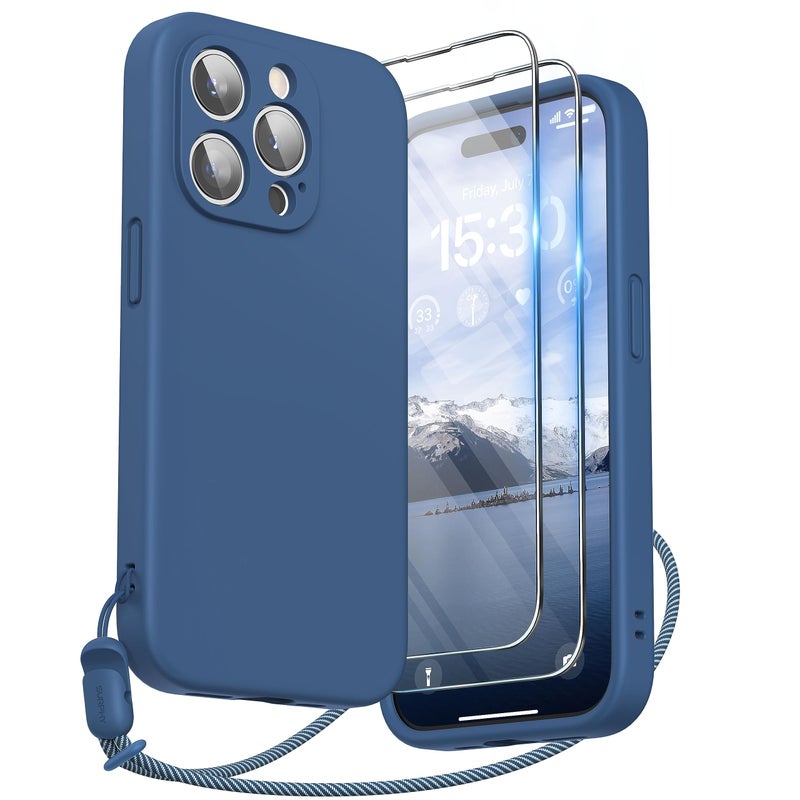 SURPHY Designed for iPhone 15 Pro Case with Screen Protector and Lanyard Phone Strap and Liquid Silicone Phone Case Camera Protective Soft Microfiber Lining 61 inch 2023 Blue Jay - Image 2