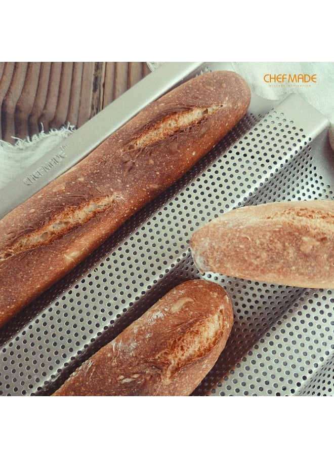 chefmade - Perforated Baguette Pan 15Inch 3 Wave Loaves Nonstick Ultraventilate French Bread Pan 2Inch Channel For Oven Baking 15.2 X 9.6 (Champagne Gold) - Image 1