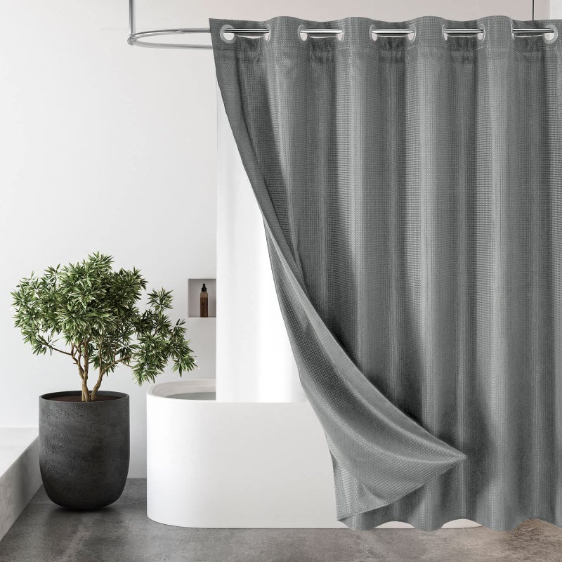 MitoVilla Black Waffle Long Shower Curtain Liner Set 72 x 80 No Hooks Required 80 inch Long Heavyweight Fabric Shower Curtain Set with Snapin Liner for Hotel Grade SpaLike Bathroom Decor
